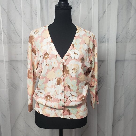 George Cardigan Coquette Pink Floral  Sweater  Knit Office M/L - Picture 1 of 11
